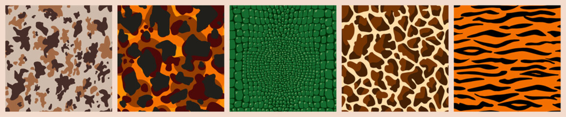 Set of Wild Animal skin seamless patterns: cow, tiger, Crocodile, Tortoise Shell, Giraffe print. Hand Drawn vector illustration in boho style. Modern trend design background. © AutumnStudio