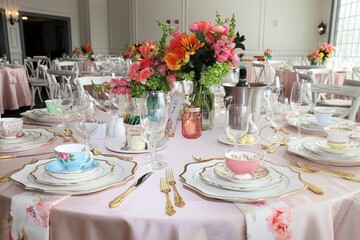 Table set up for bridal shower on bright spring day with flowers in the middle and vintage tea cups on each plate