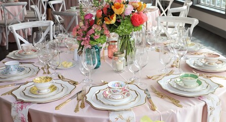 Fototapeta na wymiar Table set up for bridal shower on bright spring day with flowers in the middle and vintage tea cups on each plate