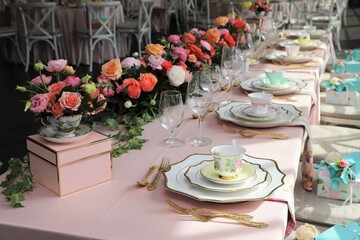 Table set up for bridal shower on bright summer day with flowers and vintage tea cups on each plate