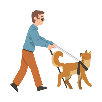 Blind Boy with Cane Guided by Seeing Eye Dog on Leash, Trained Animal Helping Disabled Person, Rehabilitation, Handicapped Accessibility Cartoon Vector Illustration