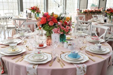 Table set up for bridal shower on bright spring day with flowers in the middle and vintage tea cups...