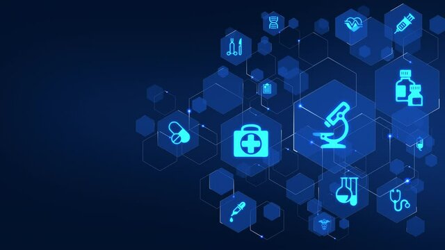 Medical symbols and hexagons on the blue background with negative space for text, titles or logos.