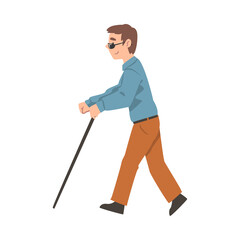 Blind Young Man in Glasses Strolling with Walking Cane Cartoon Vector Illustration