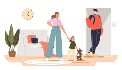 Father left kids with young nanny at home. Female babysitter caring of small son and daughter