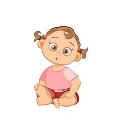 Little child. Girl. Sits playing indulges. Isolated object on a white background. Cheerful kind funny. Cartoons flat style. Preschool age. Childhood Vector.
