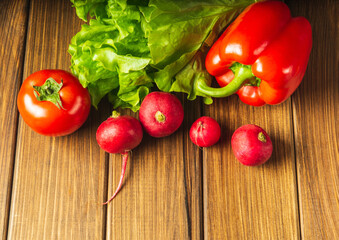 Set of vegetables for a salad diet. Cooking salad in the restaurant kitchen. Free advertising space