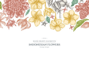 Floral design with pastel plumeria, allamanda, clerodendrum, champak, etlingera, ixora