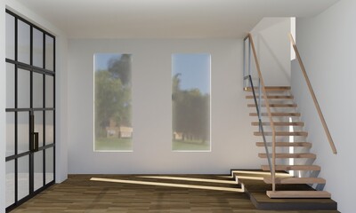 Minimalist empty room with stair. 3D rendering.
