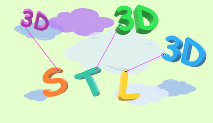 The stereolithography CAD software. The acronym STL, computing file format 3D. Hot air balloons transporting the letters between the clouds.