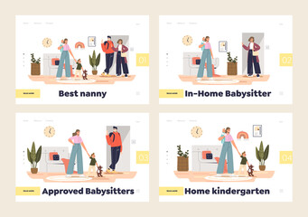 Babysitter service and home kindergarten concept of set of landing pages with nannys sitting kids