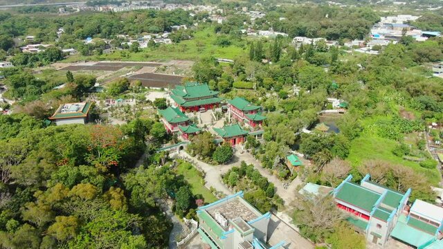 Wun Chuen Sin Koon Taoist temple in Hong Kong Ping Che area, Aerial view.