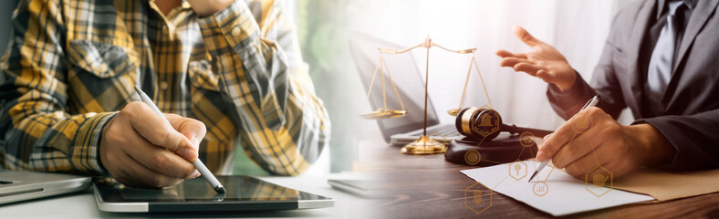 Business and lawyers discussing contract papers with brass scale on desk in office. Law, legal...