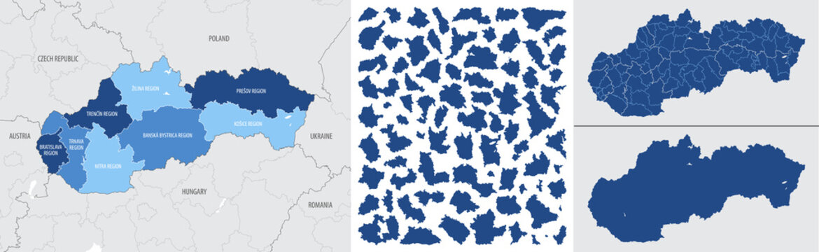 Detailed, vector, blue map of Slovakia with administrative divisions country