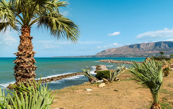 Landscape of Mediterranean sea from sicilian village Trappeto, province of Palermo, Italy