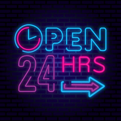 Neon open 24 hrs
Realistic glowing shining design element for 24 Hours Club, Bar, Cafe.