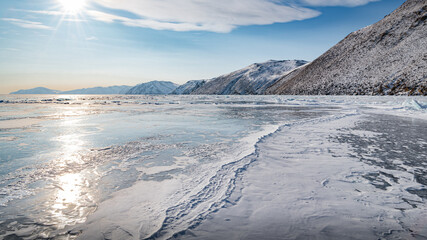 The sun is reflected in the ice of Lake Baikal