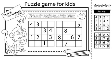 Solve the sudoku puzzle together with the little monkey. Logic puzzle for kids. Education game for children. Coloring Page. Worksheet vector design for schoolers.