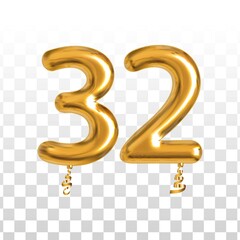 Vector realistic isolated golden balloon number of 32 for invitation decoration on the transparent background.