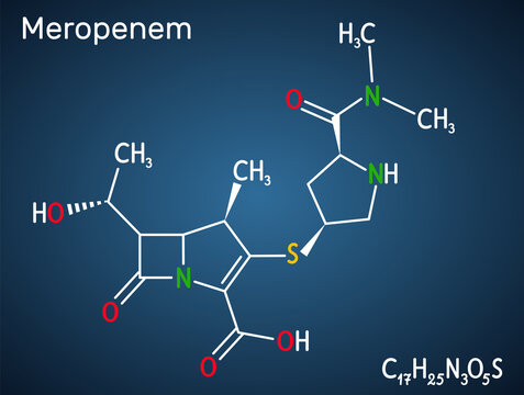 Meropenem molecule. It is broad-spectrum carbapenem antibiotic. Structural chemical formula and molecule model on the dark blue background