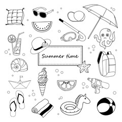 Summer beach holiday hand drawn doodle illustration isolated on white background. Summer beach vacation icons set, travel, flip flops, ice cream, shells, ball, drink, towel, water gun, sunglasses