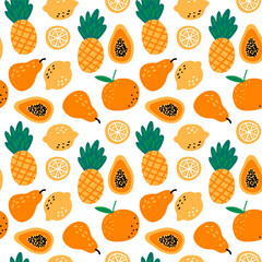 Seamless pattern with fruits pineapples, lemons, papaya, pear, orange on white background. Cute vector background.