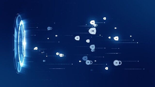 Motion graphic of Blue security shield icon connection with rotation of futuristic circle technology abstract background vertical video concept
