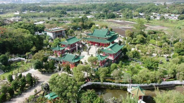 Wun Chuen Sin Koon Taoist temple in Hong Kong Ping Che area, Aerial view.