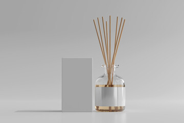 Isolated Incense Air Freshener Reed Diffuser Glass Bottle with Box 3D Rendering - obrazy, fototapety, plakaty