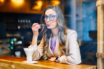 Business Woman Sitting Cafe Behind Window Waiting Business Partner