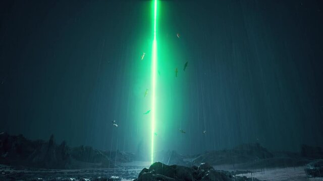 Rain night Sci-fi landscape alien planet neon laser school of fish 4k