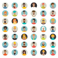 Mega set of circle persons, avatars, people heads different nationality in flat style. Vector.