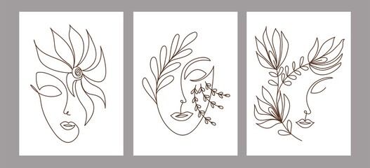 Fototapeta na wymiar Set of creative hand painted one line abstract shapes. Minimalistic image icons: female portrait, flowers, leaves. For postcard, poster, placard, brochure, cover design, web.