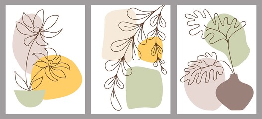 Set of creative minimalistic hand-painted illustrations with decorative flowers and leaves. For postcard, poster, placard, brochure, cover design.