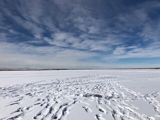 Fototapeta na wymiar Frozen Twin Valley Reservoir covered in snow. Pike fishing spot in Alberta, Canada 