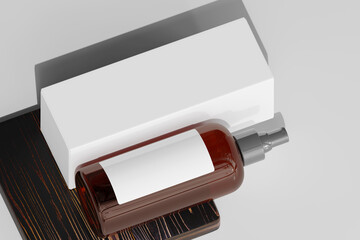 Isolated Amber Glass Cosmetic Spray Bottle and Box 3D Rendering