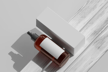 Isolated Amber Glass Cosmetic Spray Bottle and Box 3D Rendering