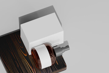 Isolated Amber Glass Cosmetic Spray Bottle and Box 3D Rendering