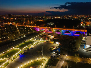Night Volgograd skyline, aerial view from drone