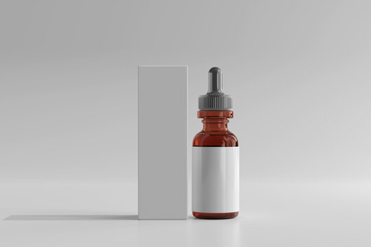 Isolated Amber Glass Dropper Bottle with Box 3D Rendering