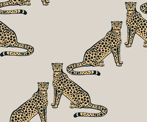 Vector background hand drawn exotic wild cat cheetah. Hand drawn ink illustration. Modern ornamental decorative background. Print for textile, cloth, wallpaper, scrapbooking - 432916532