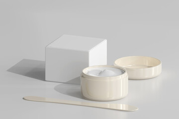 Isolated Cosmetic Jar with Transparent Label and Box 3D Rendering