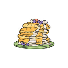 Stack of pancakes with berries on top, hand drawn vector illustration isolated.