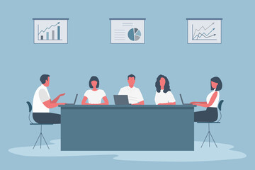 Office workers during the meeting. Employees are sitting at the table in the office. There are also diagrams on the wall. Conference hall. Flat style. Vector illustration