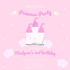 Princess birthday invitation card with castle on pink background
