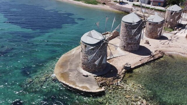 Chios, Greece - May 2021. Aerial video by drone of the windmills of Chios Island in Greece