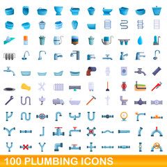 100 plumbing icons set. Cartoon illustration of 100 plumbing icons vector set isolated on white background