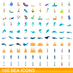 Fototapeta na wymiar 100 sea icons set. Cartoon illustration of 100 sea icons vector set isolated on white background