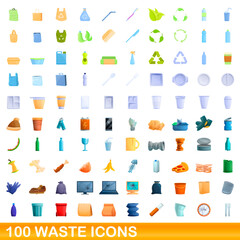 100 waste icons set. Cartoon illustration of 100 waste icons vector set isolated on white background