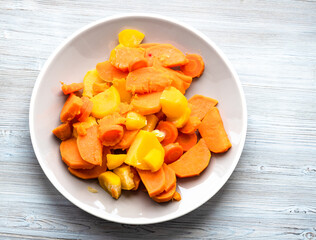 top view of steamed vegetables on plate on table